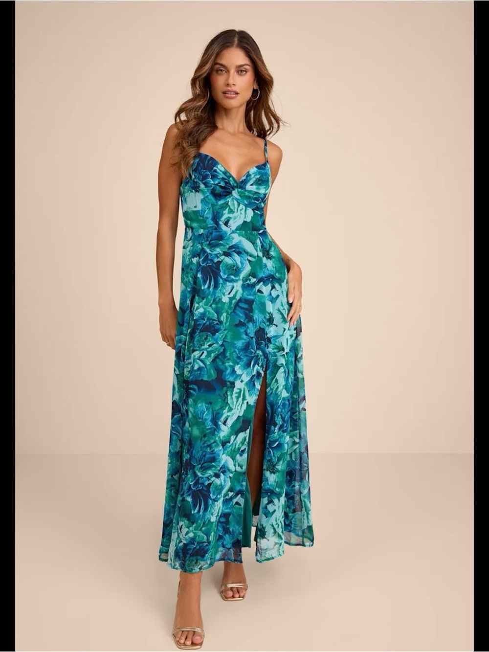 Lulu's Blue & Teal Floral Spaghetti-Strap Maxi Dress with Slit